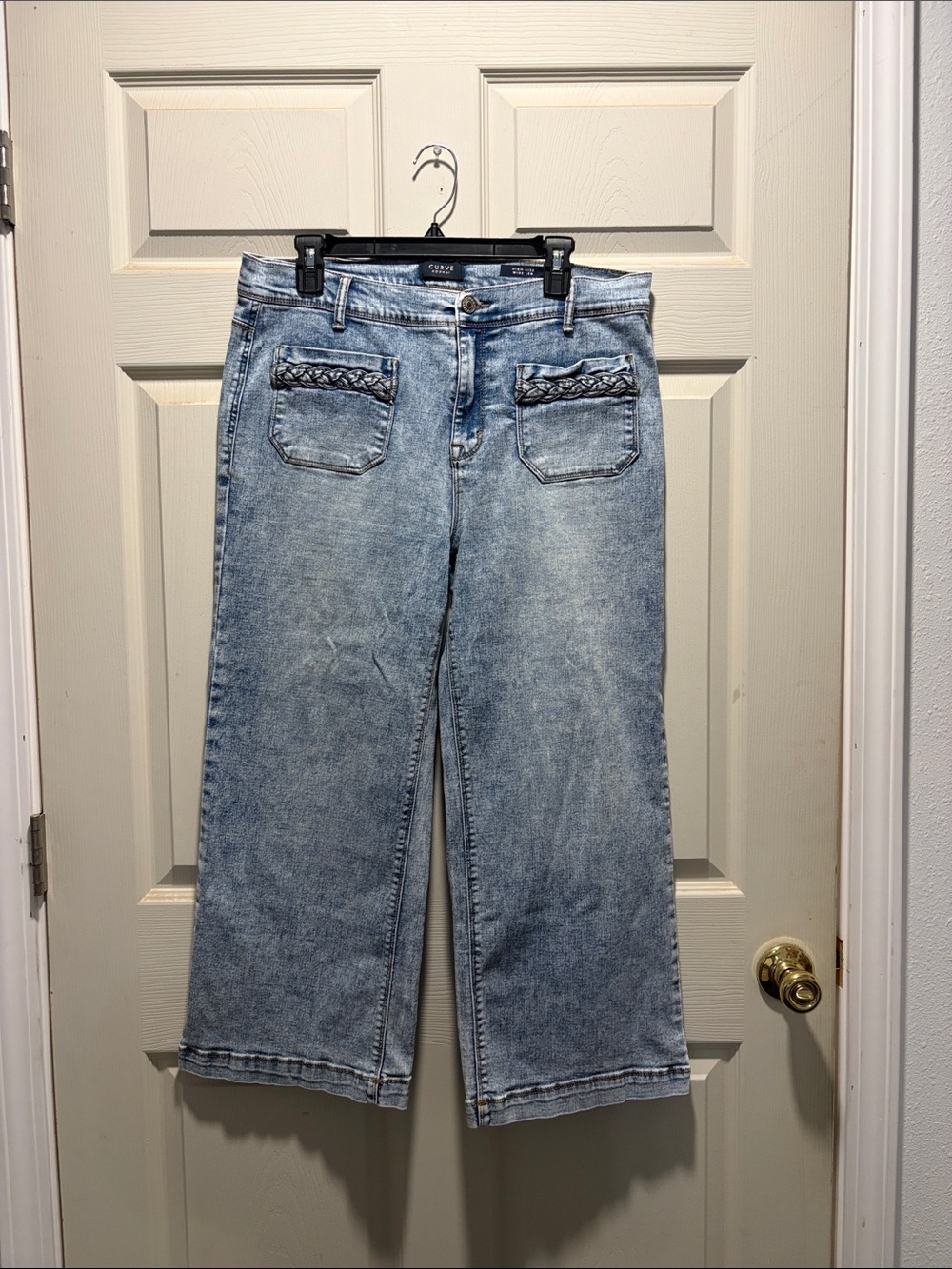 Light Blue Cropped Wide-Leg Jeans with Braided Pocket Detail